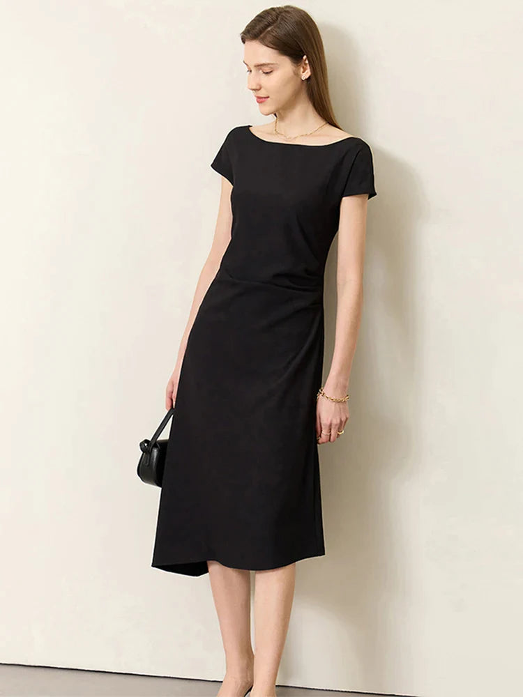 Black Chiffon Short Sleeves Midi Dress