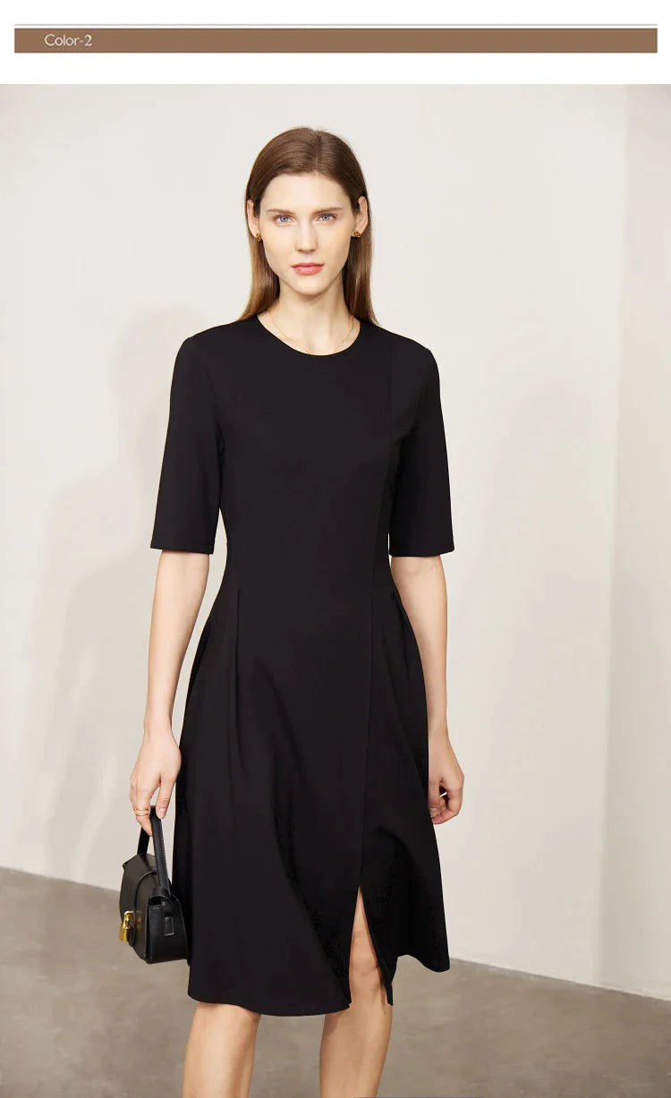 Black Short Sleeve A-line Midi Dresses