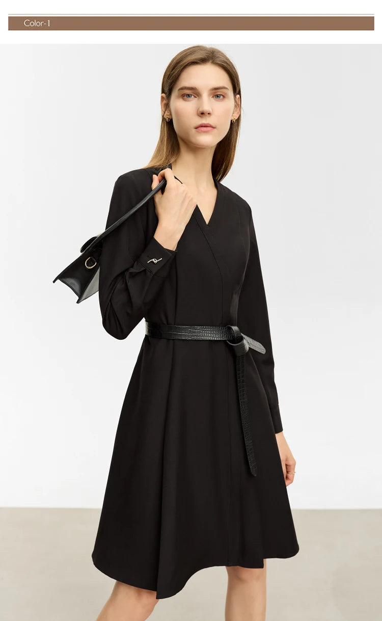 Long Sleeve A-Line, V-Neck Black Dress