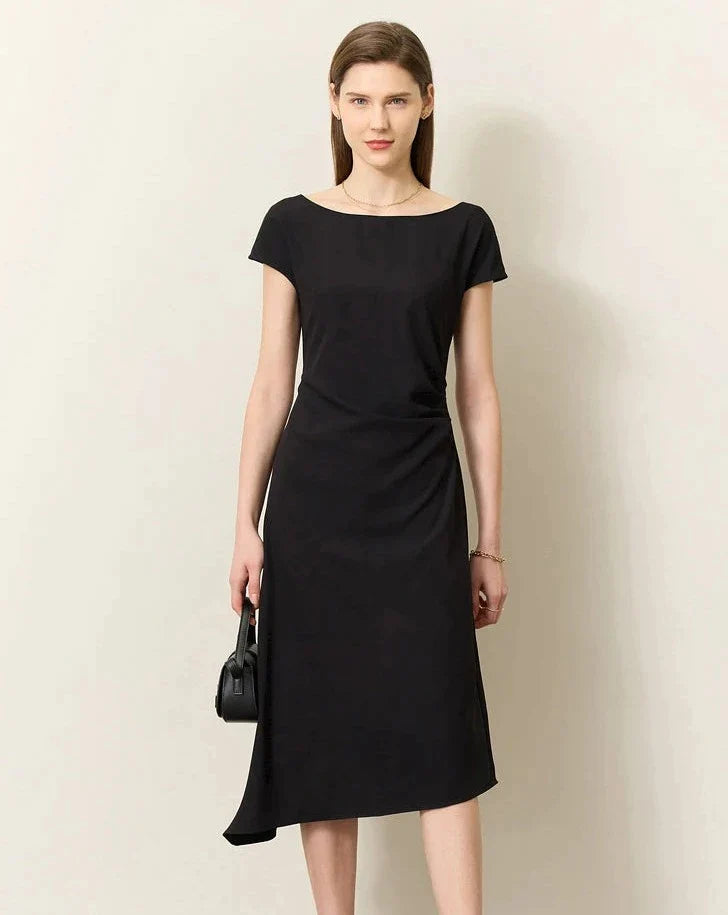 Black Chiffon Short Sleeves Midi Dress