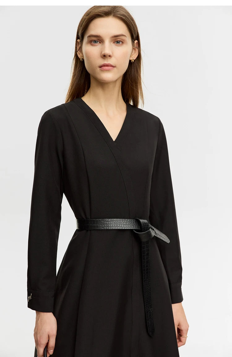 Long Sleeve A-Line, V-Neck Black Dress