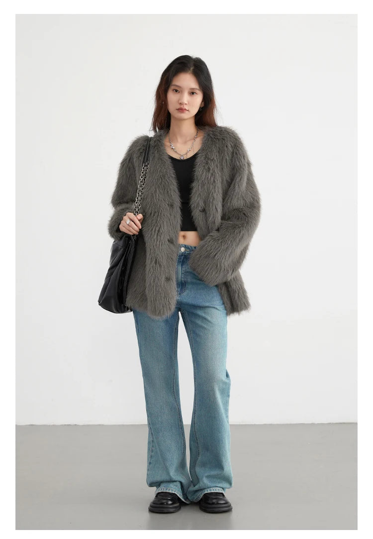 V-neck Loose Plush Warm Faux Fur Coat Jacket