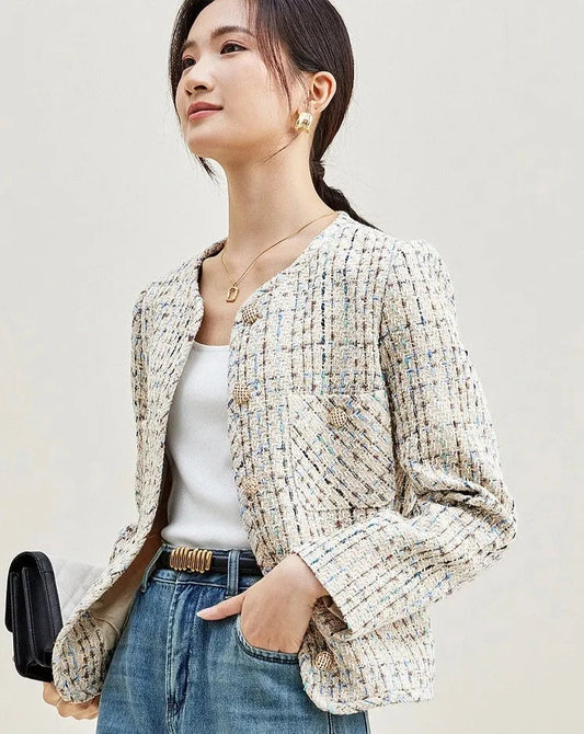 Contrast Plaid Cropped Tweed Jacket