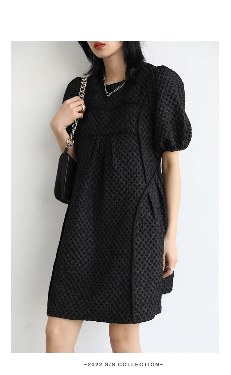 Round Neck Jacquard Bubble Sleeve Dress