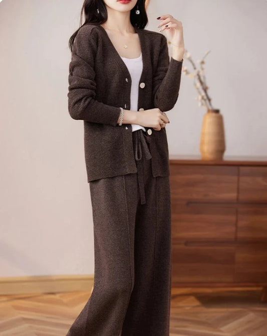 Wool Knitted Cardigan And Wide Pants Suit