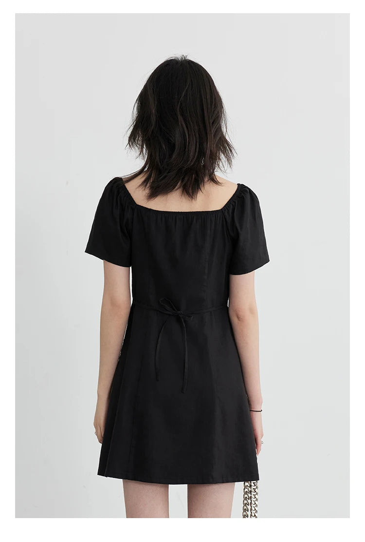 Black A Line Short Sleeve V-Neck Black Dress
