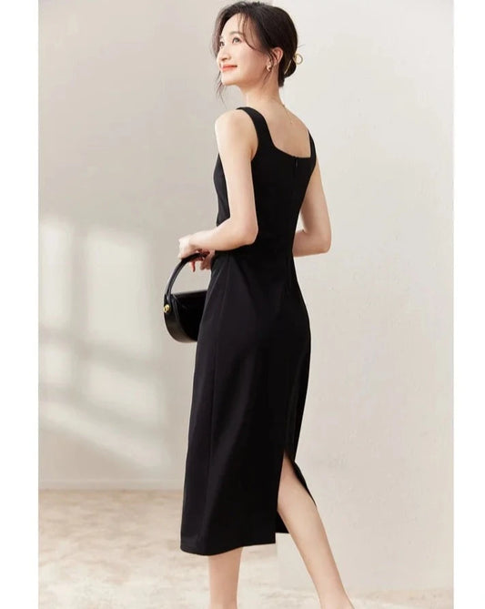 Black Sleeveless Elegant Midi Dress