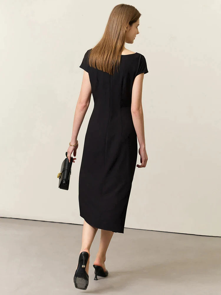 Black Chiffon Short Sleeves Midi Dress