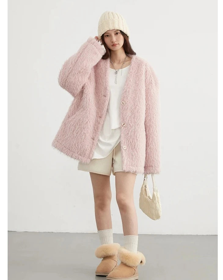 V-neck Plush Coat Loose Cardigan