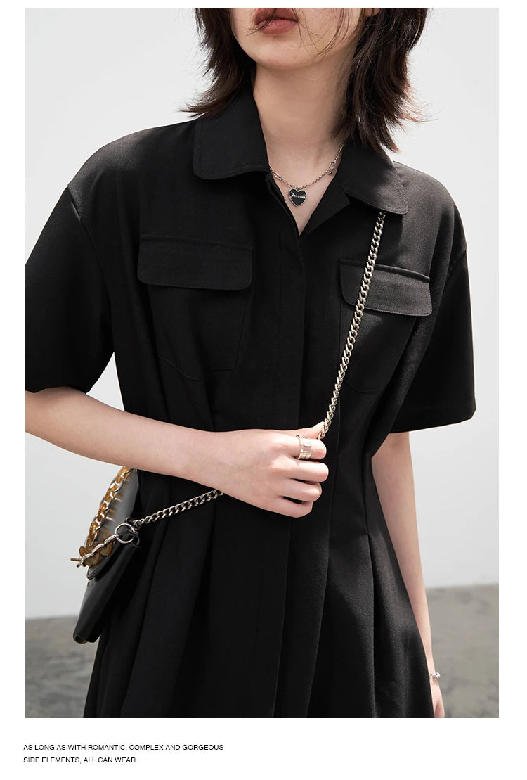 Black Solid Short Sleeve A-LINE Casual Lapel Dress