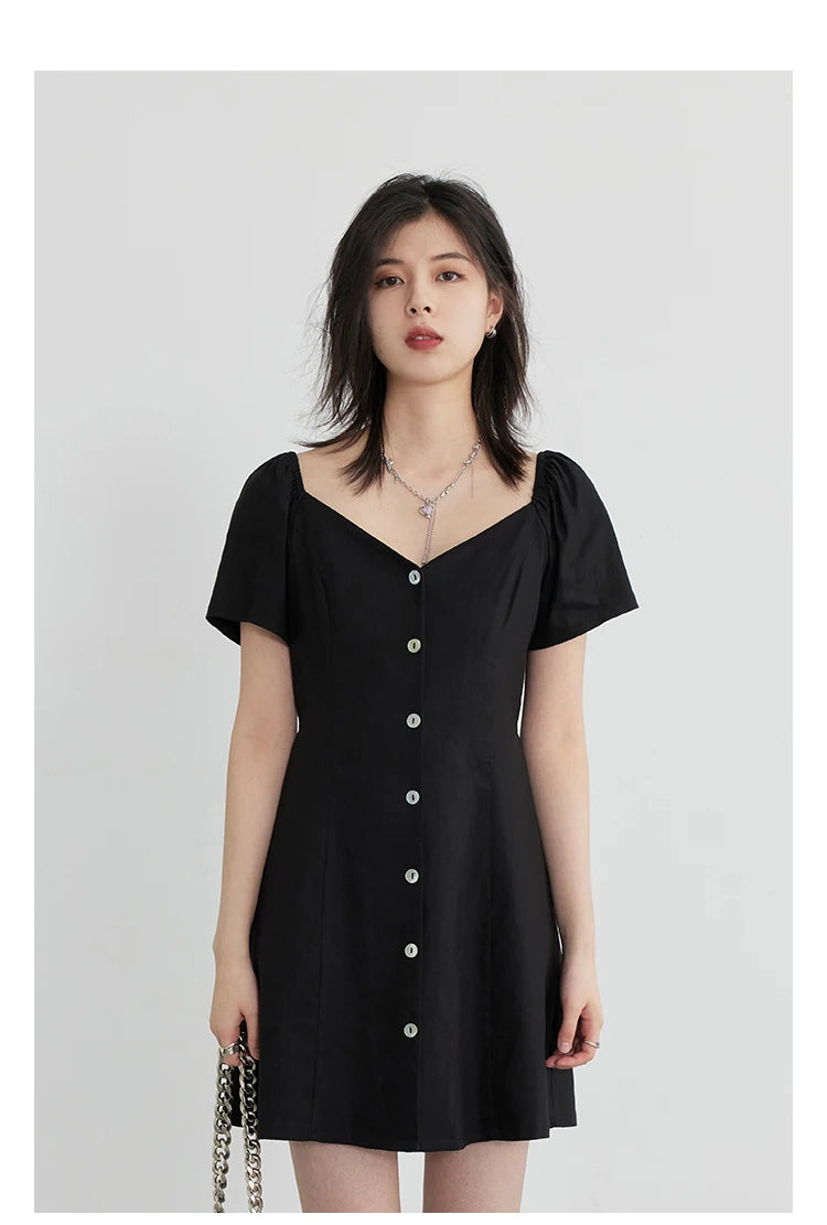 Black A Line Short Sleeve V-Neck Black Dress