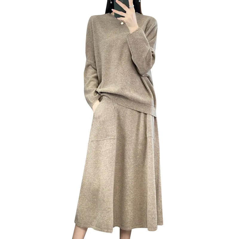 Wool Loose Sweater And Skirt Set