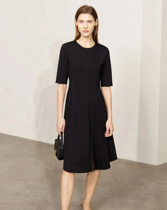 Black Short Sleeve A-line Midi Dresses