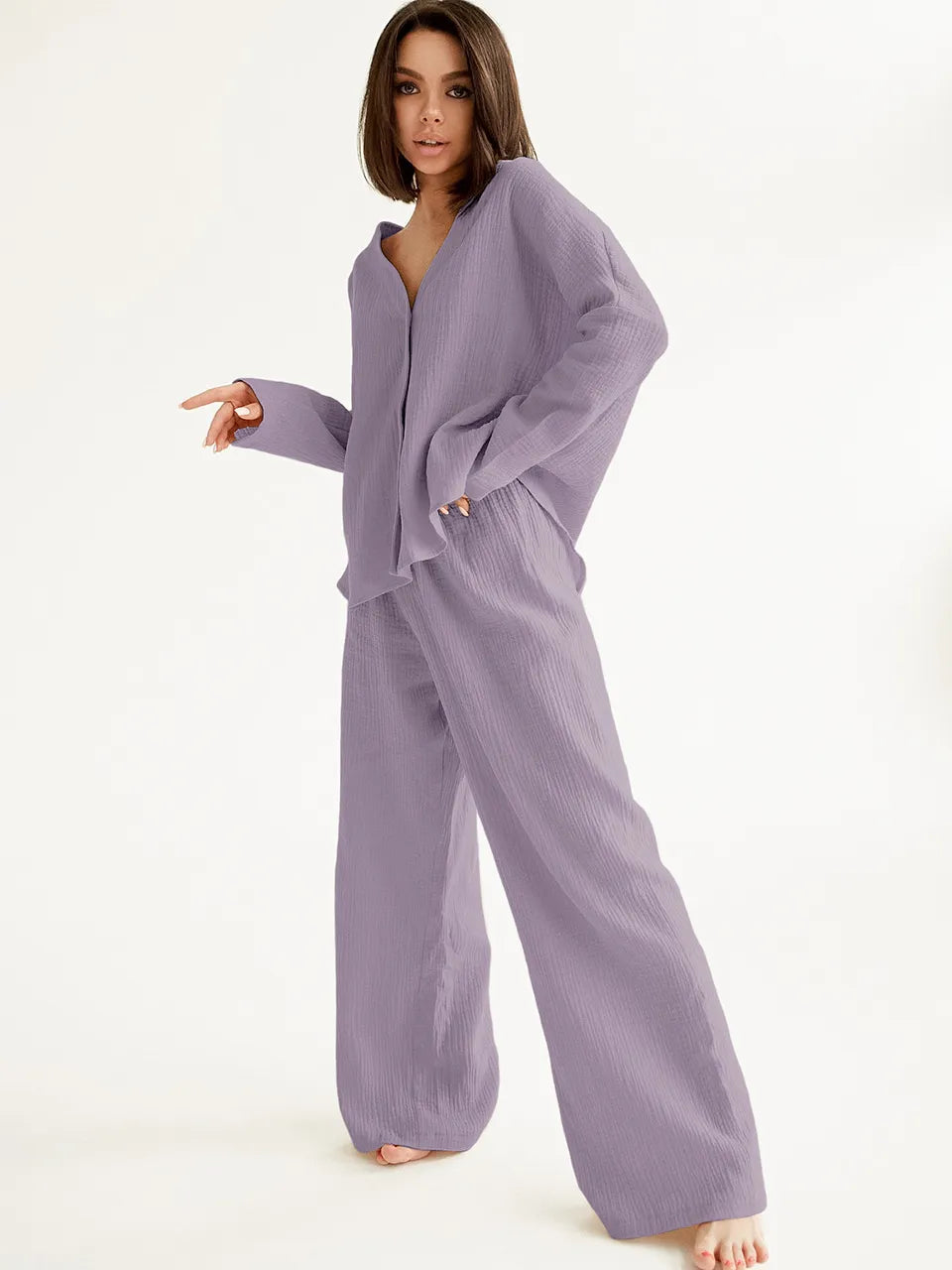 Pure Cotton V Neck Top And Wide Pants Loungewear Set
