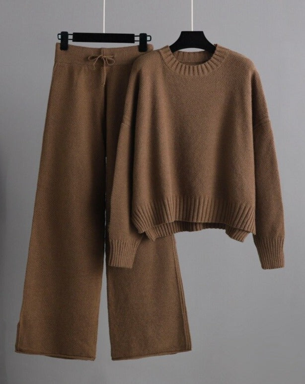 Round Neck Sweater & High Waist Wide Pants Set