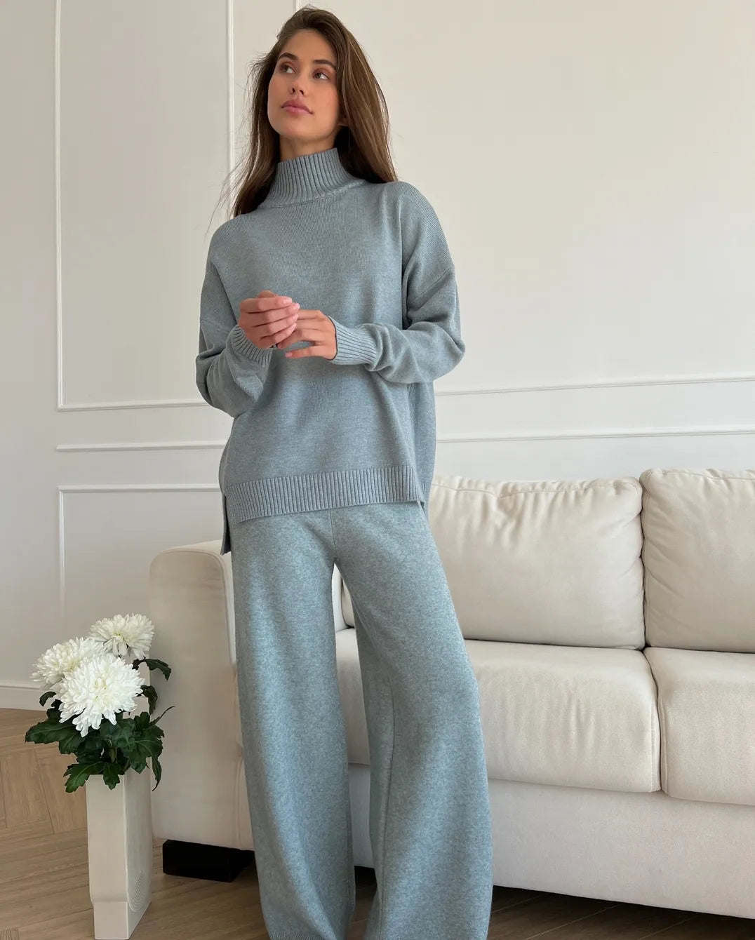 High Collar Sweater And Wide Pant Casual Set - BEYOND