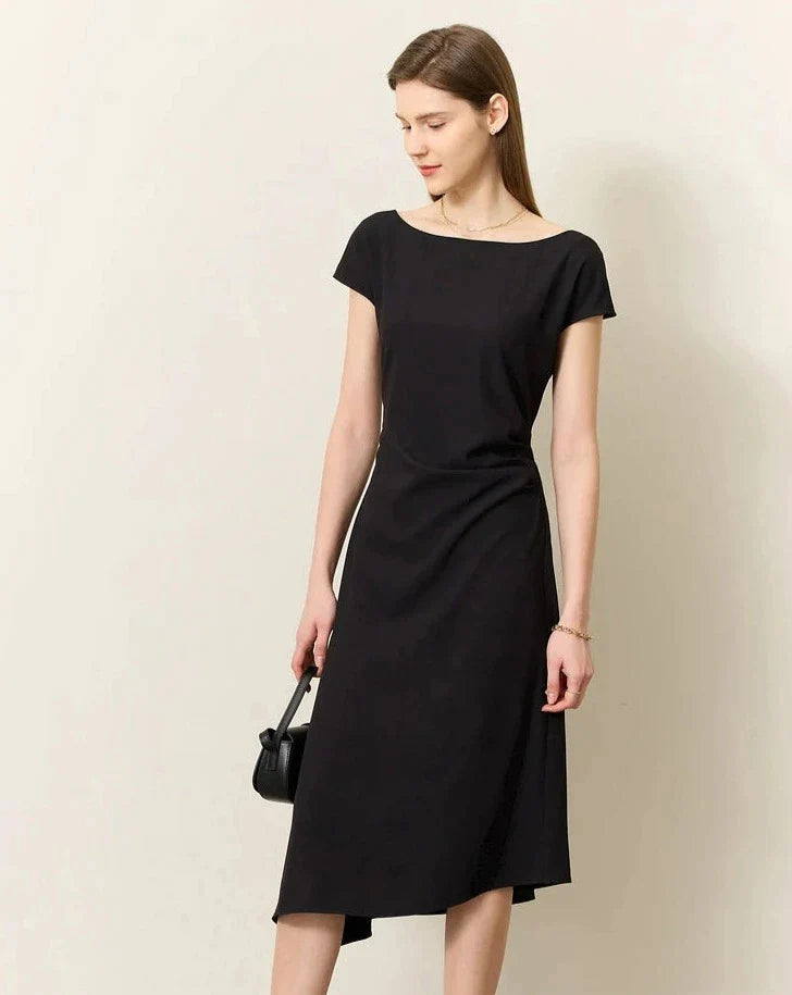 Black Chiffon Short Sleeves Midi Dress