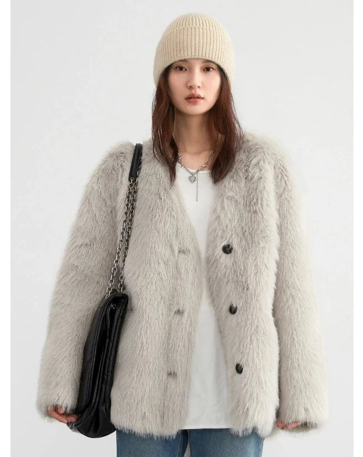 V-neck Loose Plush Warm Faux Fur Coat Jacket