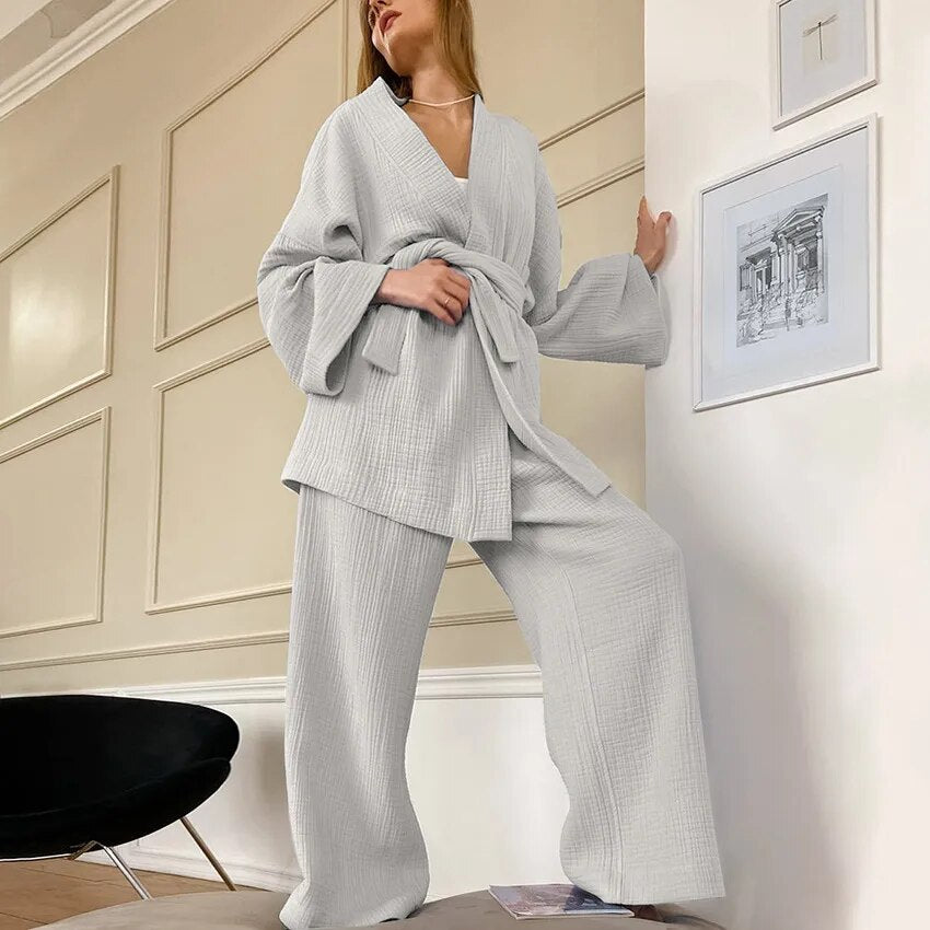 Two Piece Cotton Kimono Style Loungewear Loose Set