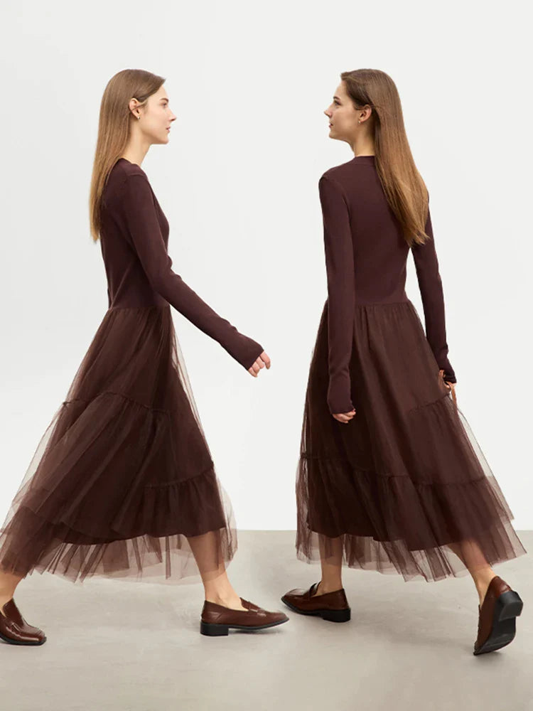 Black V-Neck Long Sleeve Midi Dress