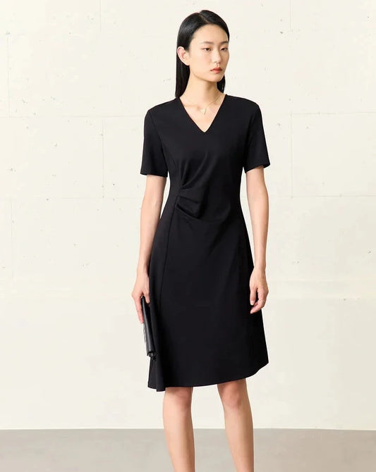 Black V-Neck Short Sleeve Dress