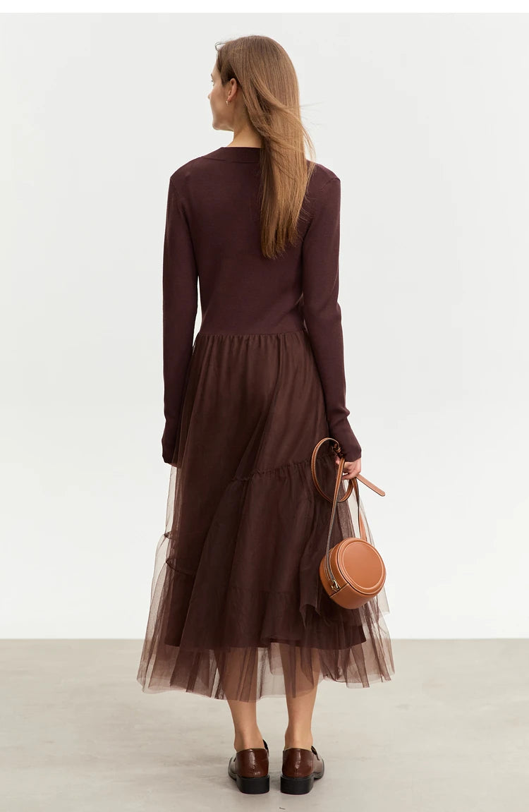 V-Neck Long Sleeve Midi Dress