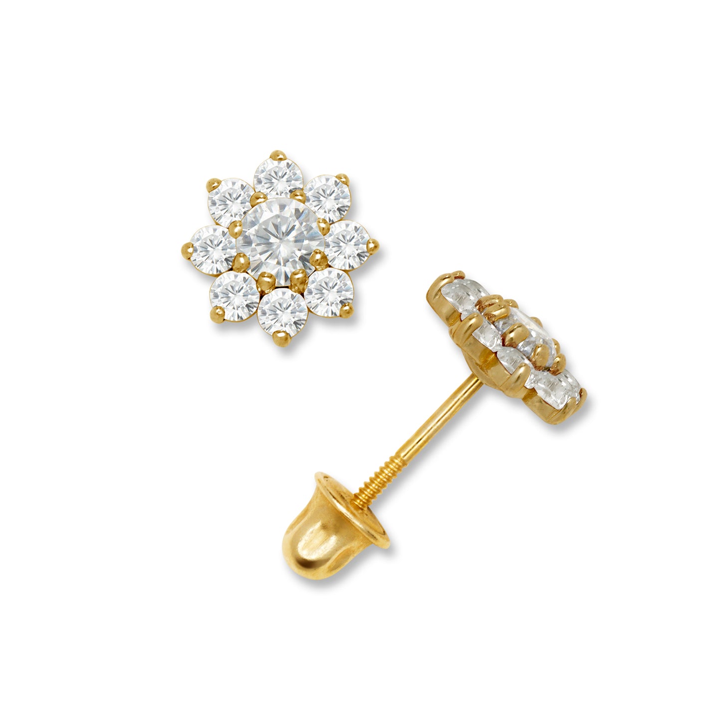 Solid Gold Flower Zircon Stud Earrings