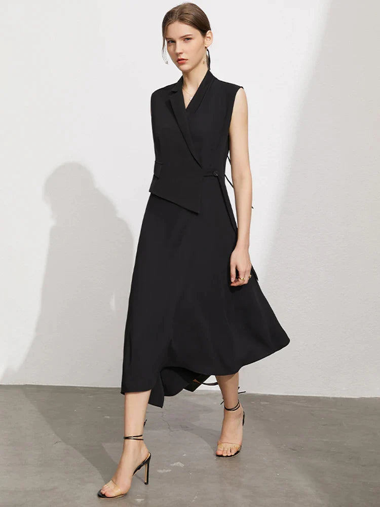 Black V-Neck Elegant Chic Midi Dress