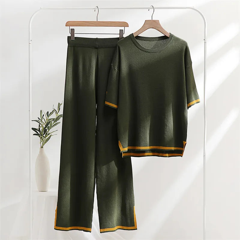 Two Piece Elegant Short Sleeve Top And Wide Pants Sets