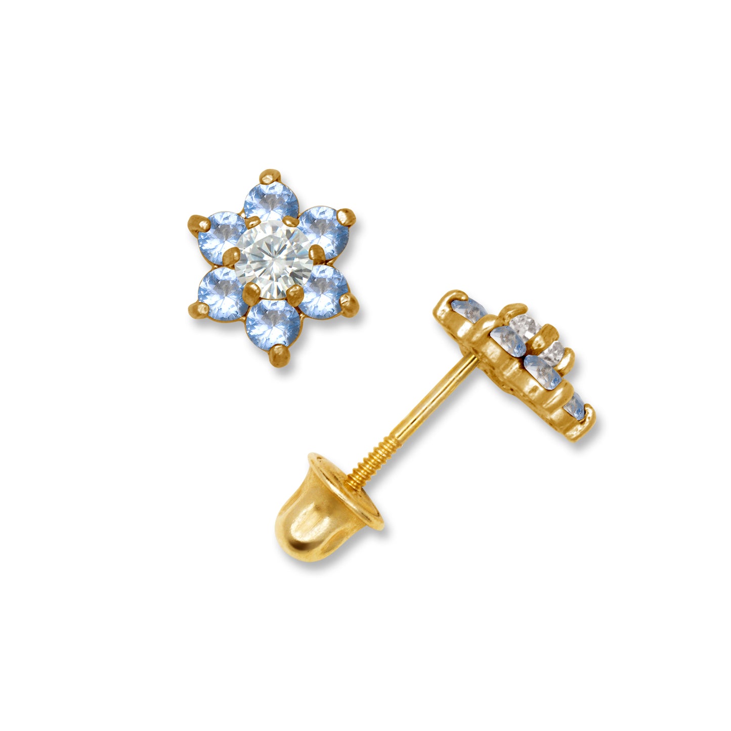 14K Solid Gold Flower Zircon Stud Earrings