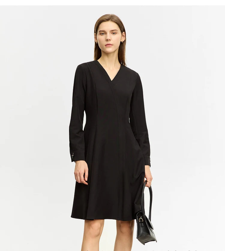 Long Sleeve A-Line, V-Neck Black Dress