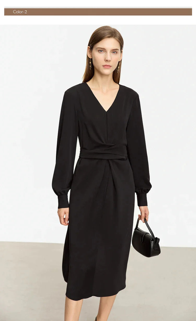 Black Minimalist V-neck A-Line Midi Dress