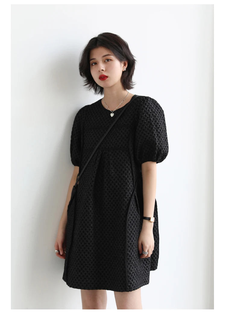 Round Neck Jacquard Bubble Sleeve Dress