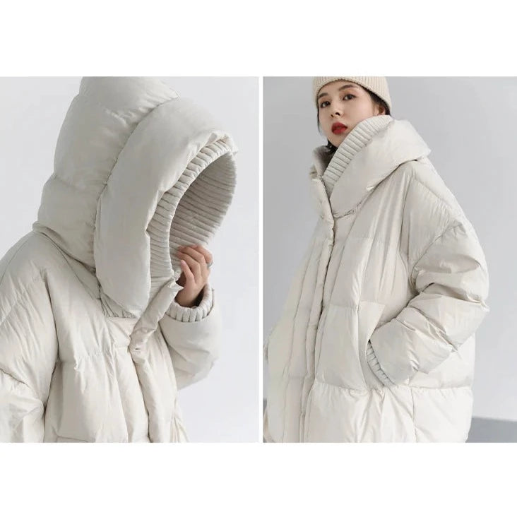 Loose Hooded Long White Winter Jacket