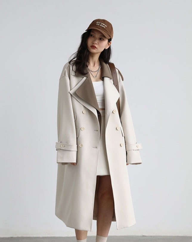 Double Collar Loose Long Trench Coat - BEYOND
