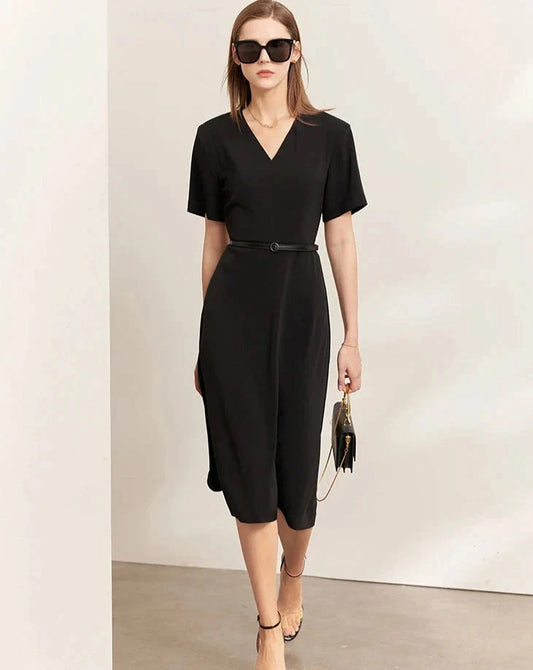 Black Minimalism Sleeves A-Line Midi Dress