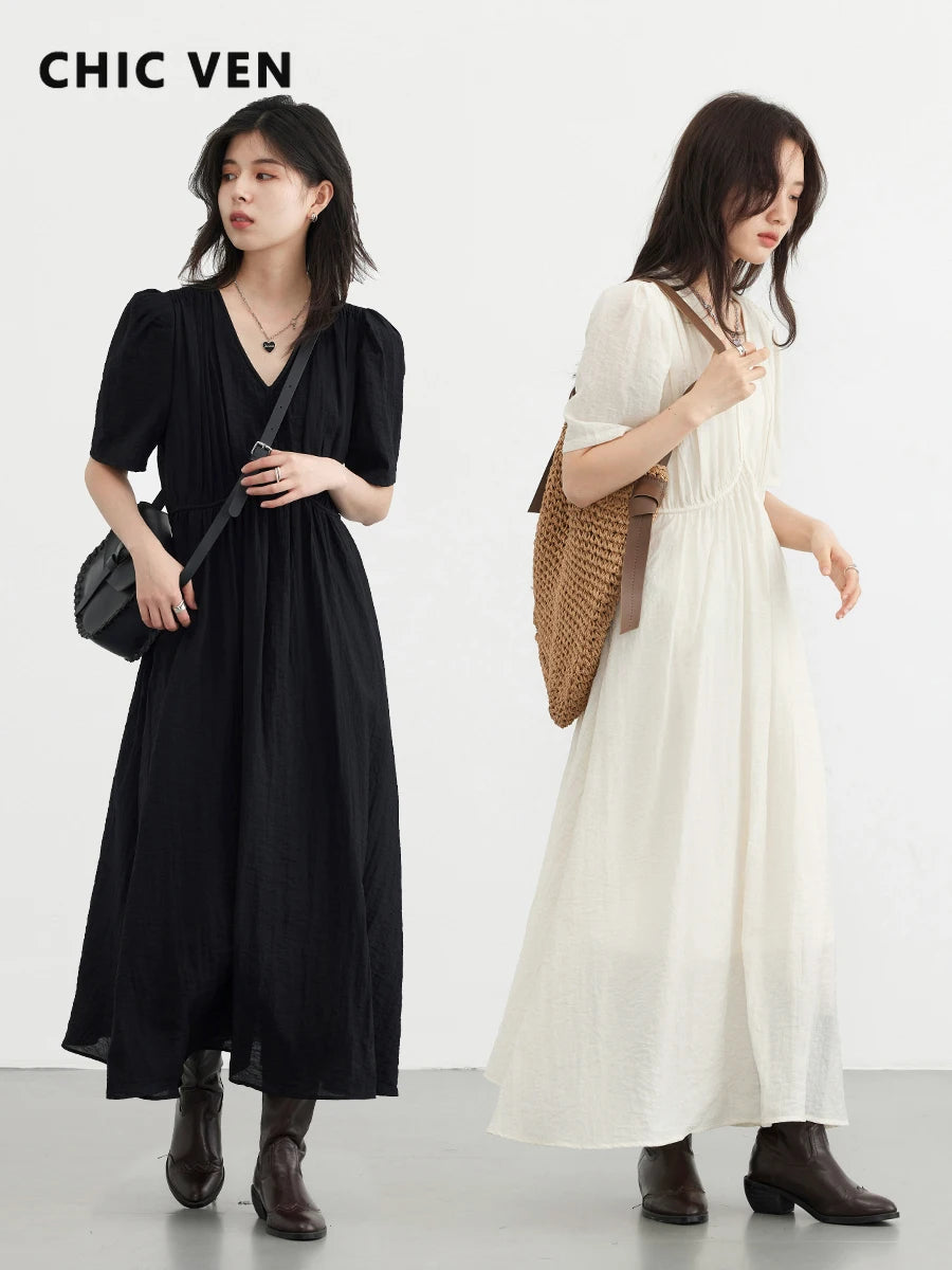 French Style Vintage V-neck Puff Sleeve Long Dress