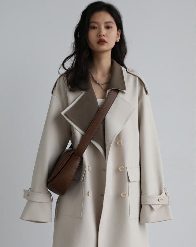 Double Collar Loose Long Trench Coat - BEYOND