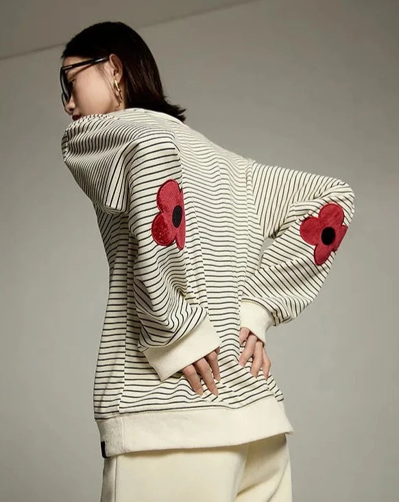 Stripes Flower Embroidery Sweatshirt