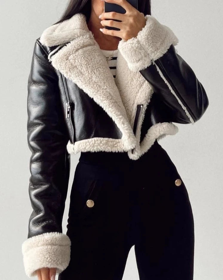 Faux Leather Casual Cropped Jacket