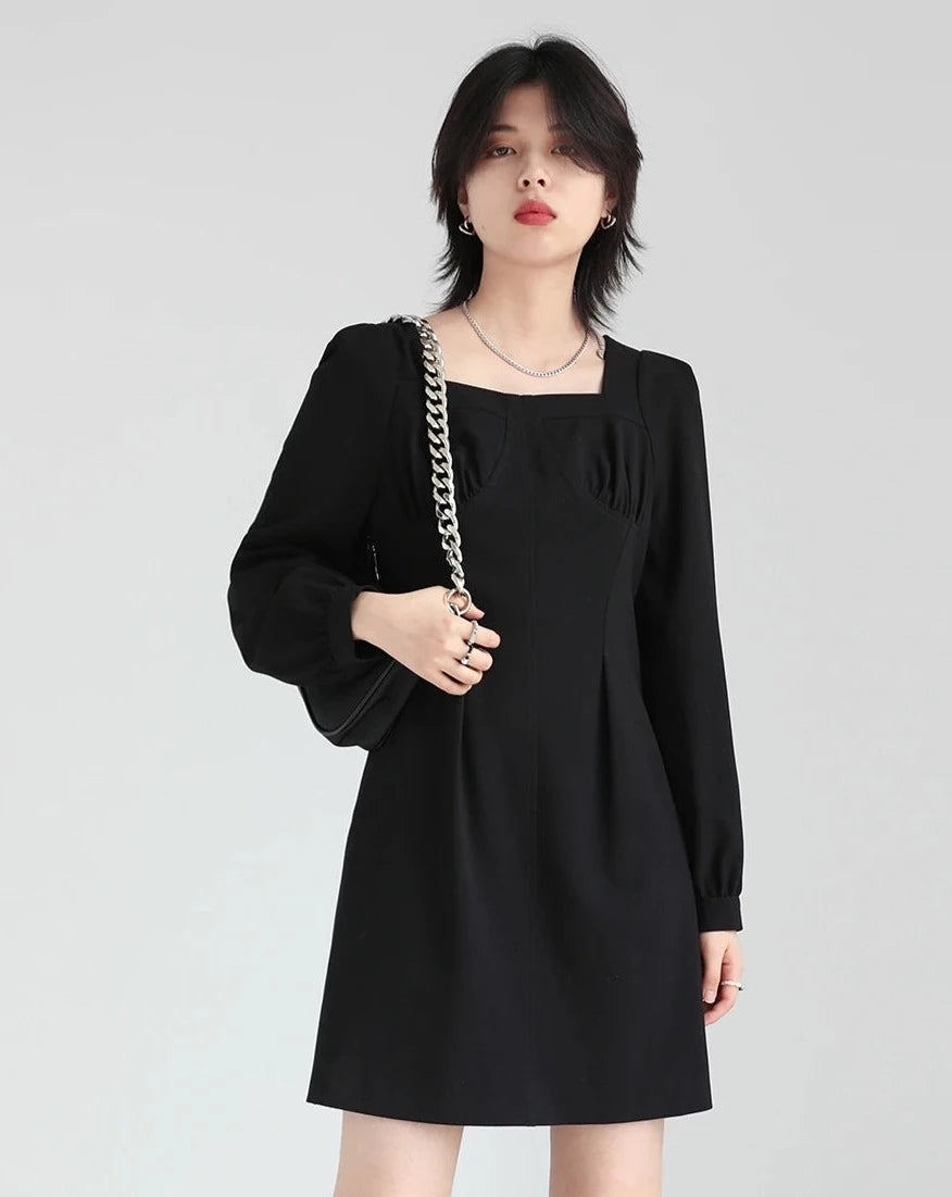 Long Sleeve Puff Solid Square Neck Black Dress