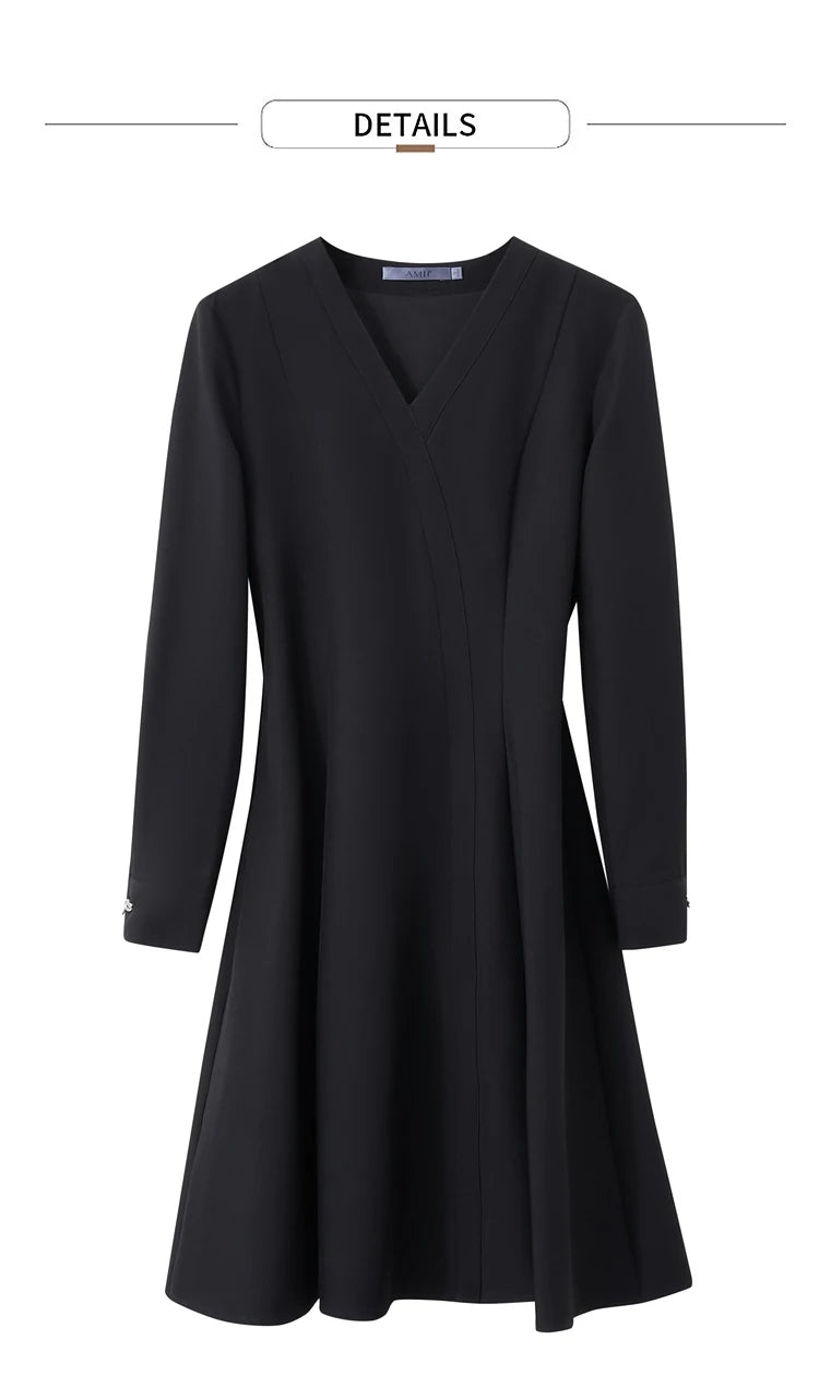 Long Sleeve A-Line, V-Neck Black Dress