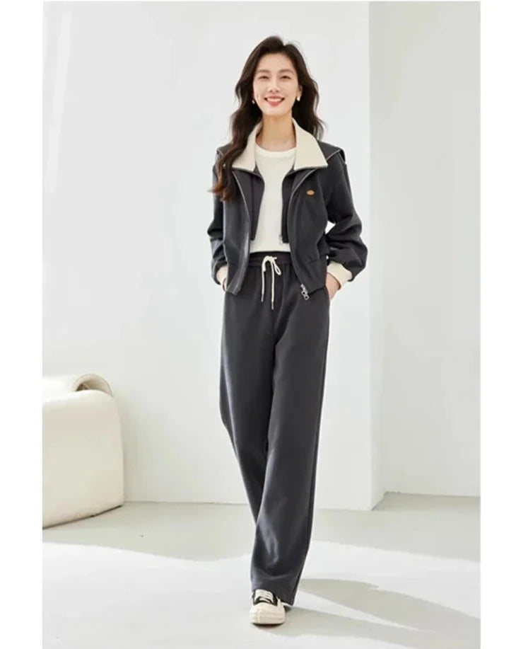 Fleece Zip Up Sweatshirt & Wide Pants Casual Set