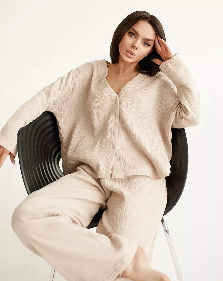 Pure Cotton V Neck Top And Wide Pants Loungewear Set