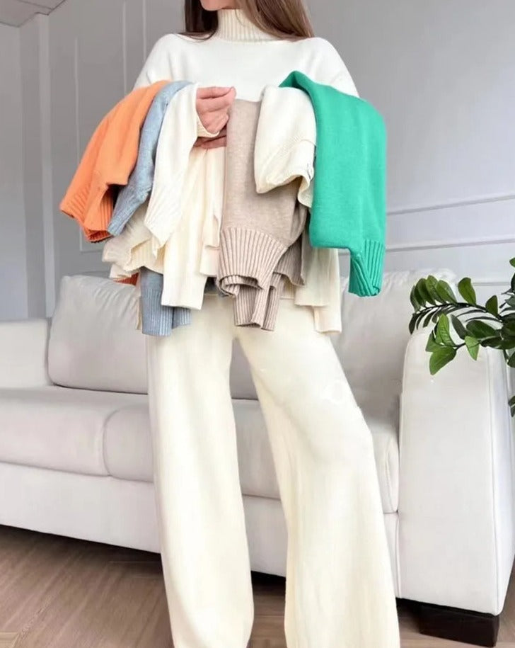 Turtleneck Knit Sweater and High Waist Wide Pants Suits