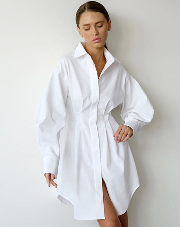 Long Sleeve Pleated Shirt Mini Dress - BEYOND FASHION