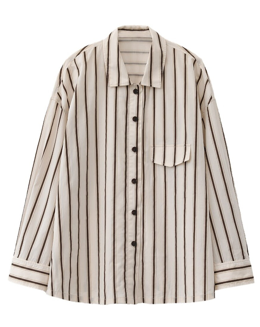 Long Sleeve Loose Cotton Vertical Stripe Shirts