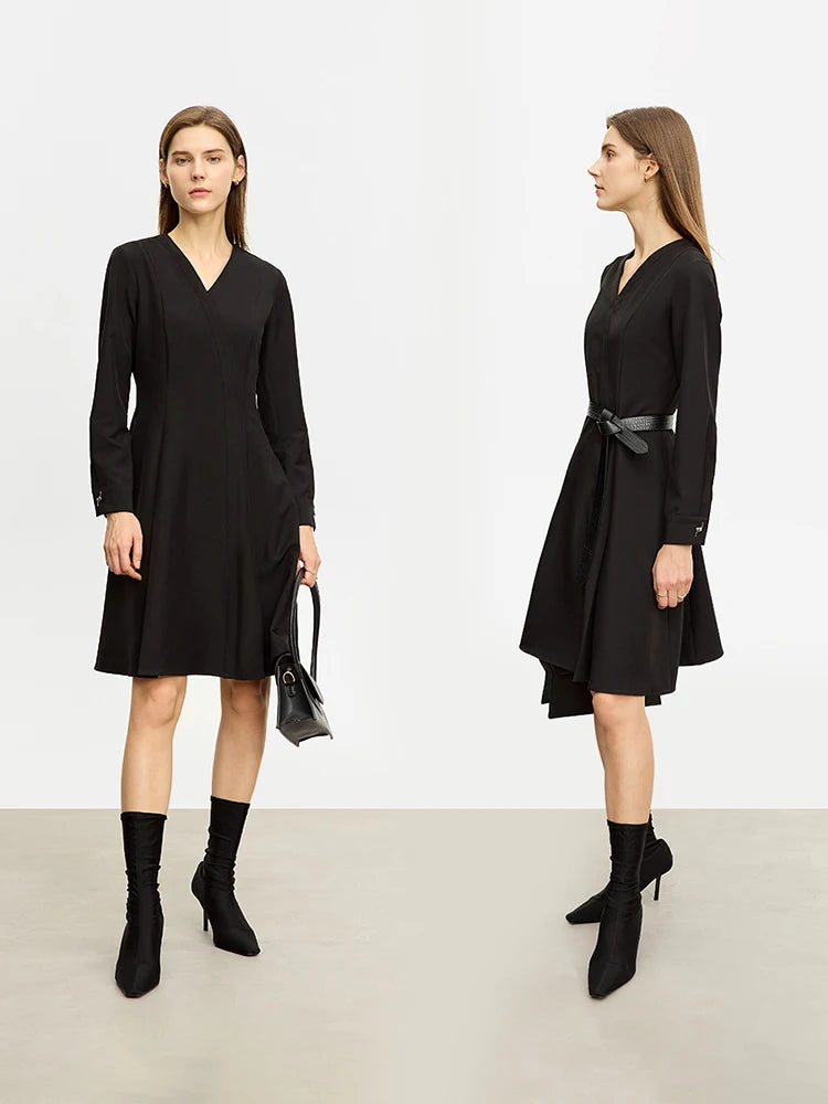 Long Sleeve A-Line, V-Neck Black Dress