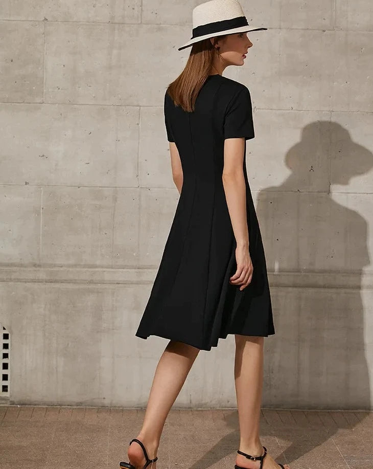 Black Minimalism V-neck A-Line Dress