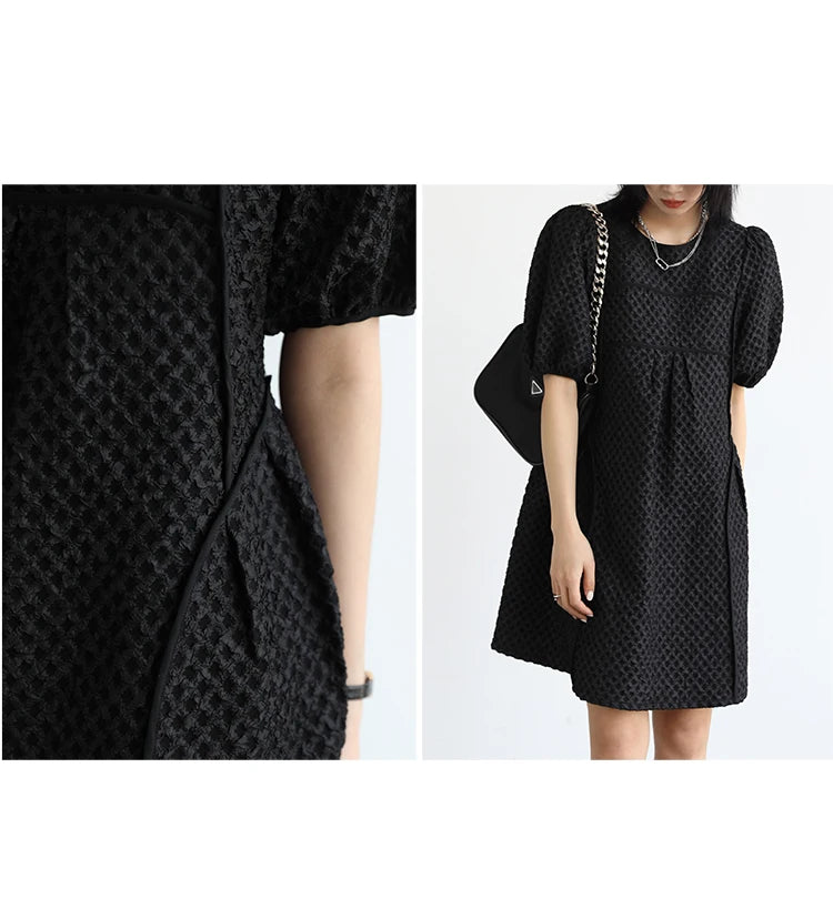 Round Neck Jacquard Bubble Sleeve Dress